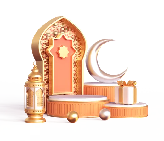 Podium pour le Ramadan avec lanterne et lune  3D Illustration