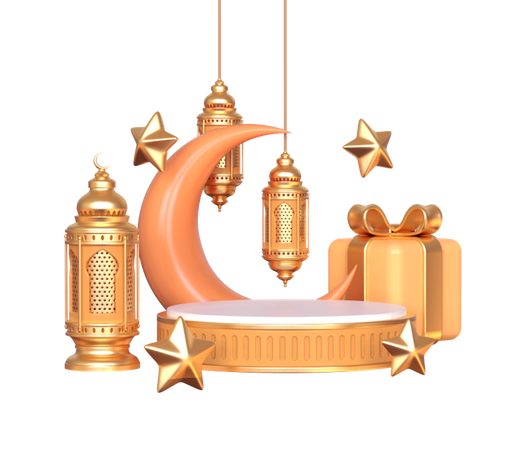 Podium pour le Ramadan avec lanterne et lune  3D Illustration