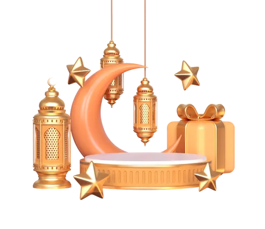 Podium pour le Ramadan avec lanterne et lune  3D Illustration