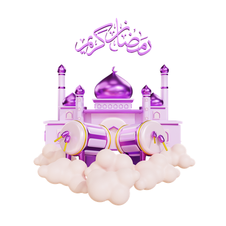 Podium pour le Ramadan avec mosquée et tambour  3D Illustration