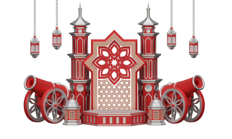 Podium Ramadan Avec Canon Traditionnel Et Ornement De Mosquée  3D Illustration