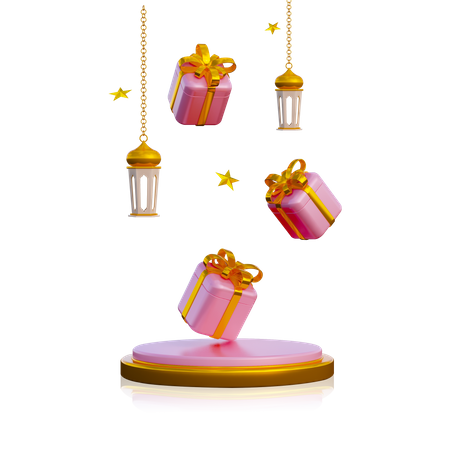 Podium Ramadan avec boîte cadeau et lanterne  3D Illustration
