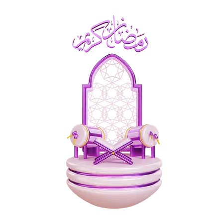 Podium du Ramadan avec tambour islamique et Coran  3D Illustration