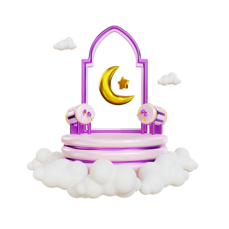 Podium du Ramadan avec tambour islamique et lune  3D Illustration