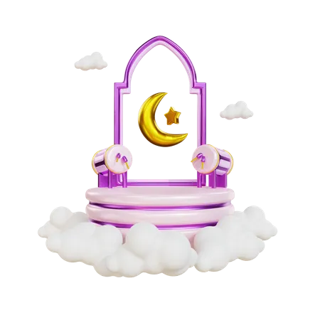 Podium du Ramadan avec tambour islamique et lune  3D Illustration