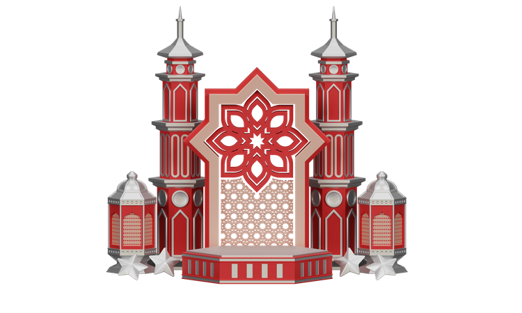 Podium Ramadan With Lantern And Mosque Ornament 3D Illustration