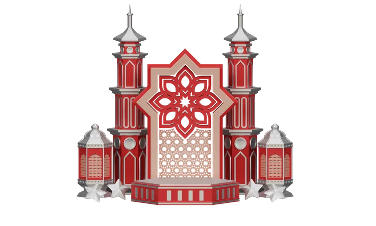 Podium Ramadan With Lantern And Mosque Ornament 3D Illustration