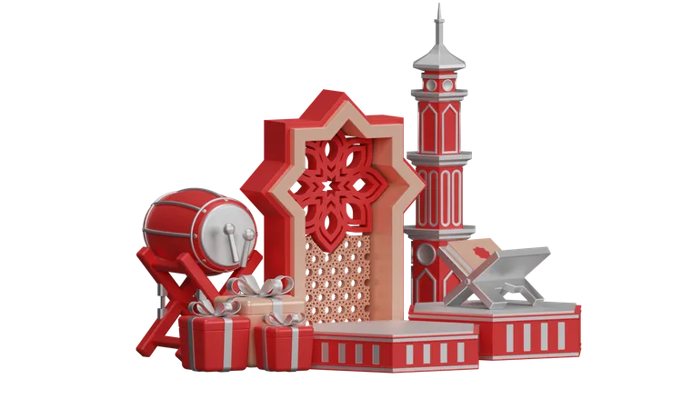 Podium Ramadan With Mosque Ornament  3D Illustration