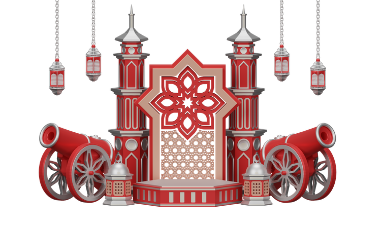 Podium Ramadan With Traditional Cannon And Mosque Ornament  3D Illustration