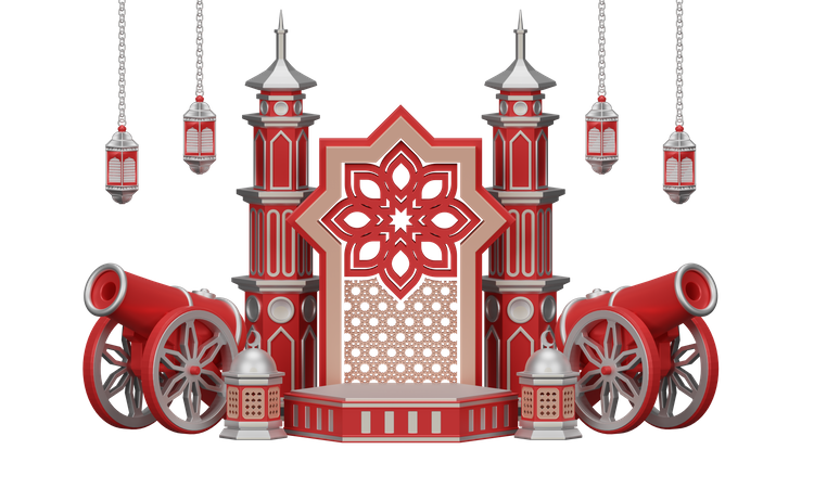 Podium Ramadan With Traditional Cannon And Mosque Ornament 3D Illustration