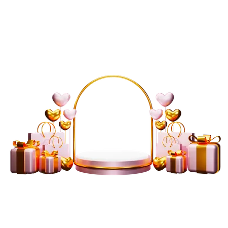 Podium de la Saint-Valentin avec cadeaux  3D Illustration