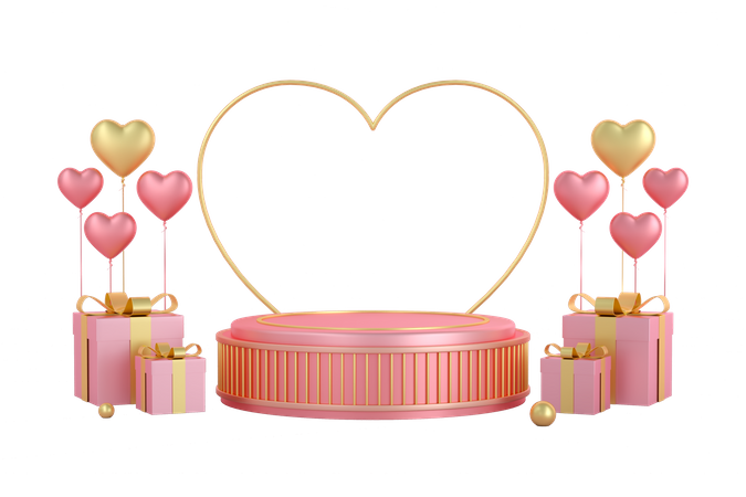 Podium de la Saint-Valentin avec cadeaux  3D Illustration