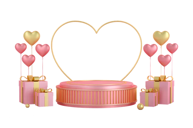 Podium de la Saint-Valentin avec cadeaux  3D Illustration