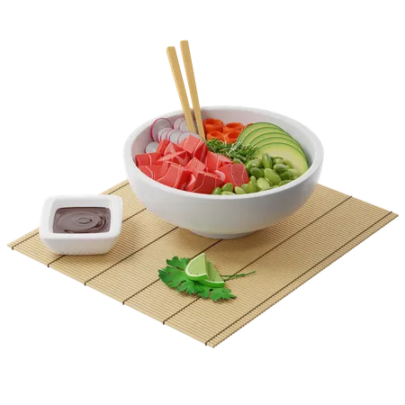 Poke Bowl Com Peixe Cru Abacate Rabanete Cenoura Soja Chukka Com Molho Teriyaki Em Uma Esteira De Bambu Um Prato De Culinaria Havaiana E Japonesa 3D Illustration