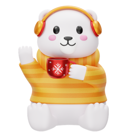 Polar Bear In Headphones And Coffee  3D Illustration