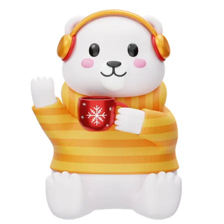 Polar Bear In Headphones And Coffee  3D Illustration