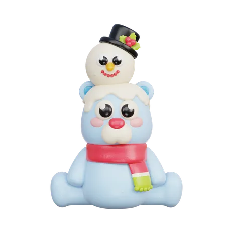 Polar Bear With Snowman  3D Illustration