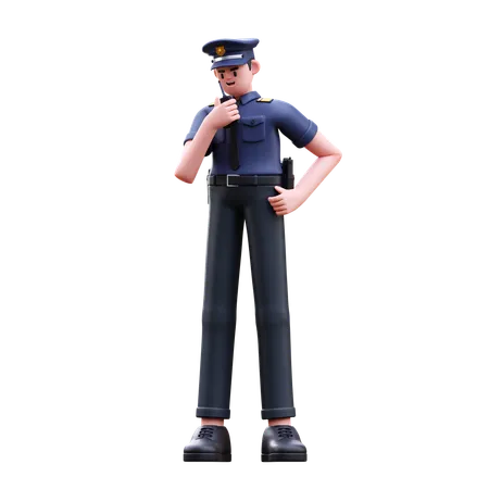 Police Man Doing Talking On Walkie Talkie  3D Illustration