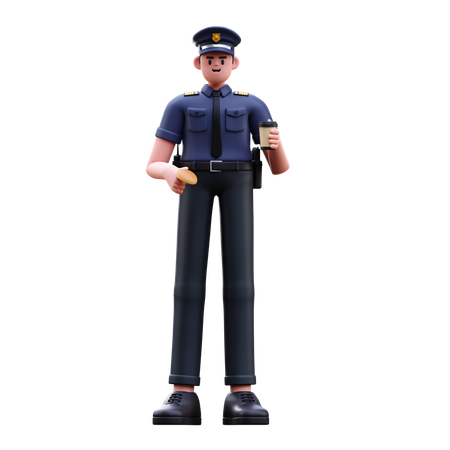 Police Man Holding Coffee  3D Illustration