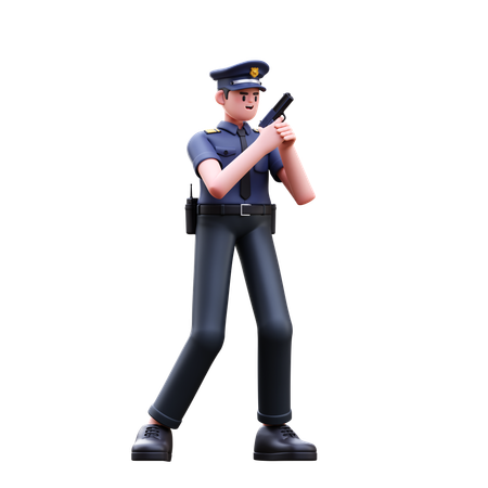 Police Man Holding Pistol  3D Illustration