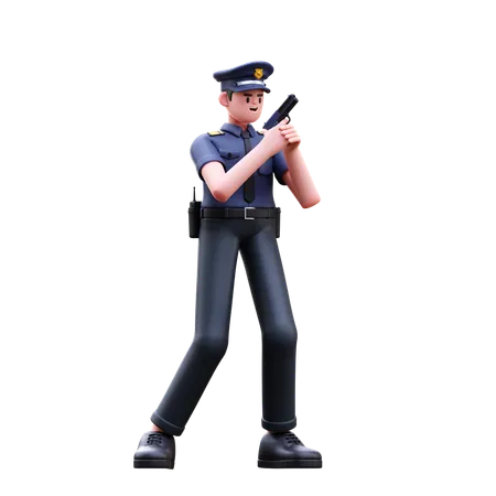 Police Man Holding Pistol  3D Illustration