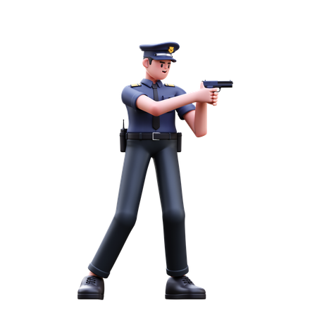 Police Man Holding Pistol  3D Illustration