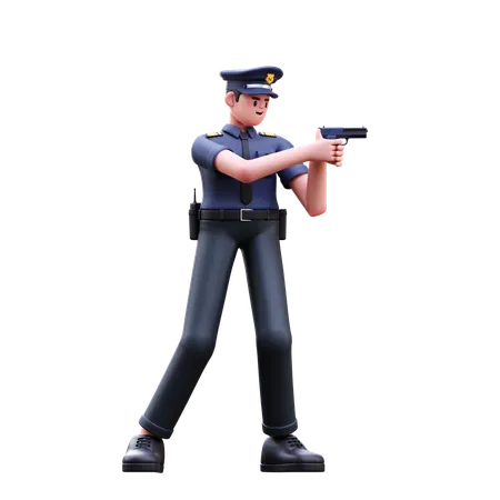 Police Man Holding Pistol  3D Illustration