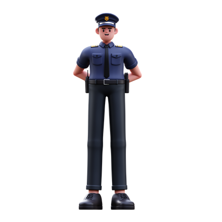 Police Man Standing While Hide Hands Behind Back  3D Illustration