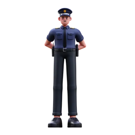 Police Man Standing While Hide Hands Behind Back  3D Illustration