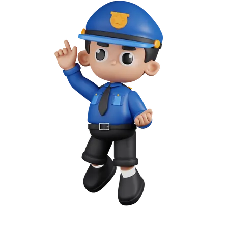 Policial feliz em pose de salto  3D Illustration