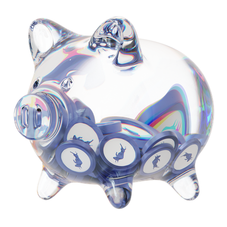 Poly Clear Glass Piggy Bank With Decreasing Piles Of Crypto Coins  3D Icon