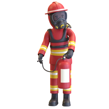 Pompier Portant Un Uniforme De Costume Rouge Et Un Casque De Securite Rouge Avec Un Masque A Gaz Tenant Un Extincteur Illustration Du Personnage De Rendu 3 D 3D Illustration
