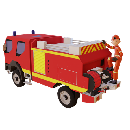 Pompier portant un uniforme de costume rouge debout avec une camionnette de pompiers  3D Icon