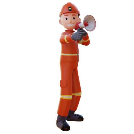 Pompier portant un uniforme rouge tenant un mégaphone tout en annonçant 3D Icon