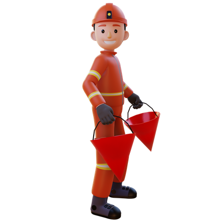 Pompier portant un uniforme rouge tenant un seau d'eau  3D Icon
