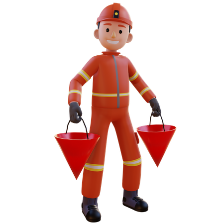 Pompier portant un uniforme rouge tenant un seau d'eau  3D Icon