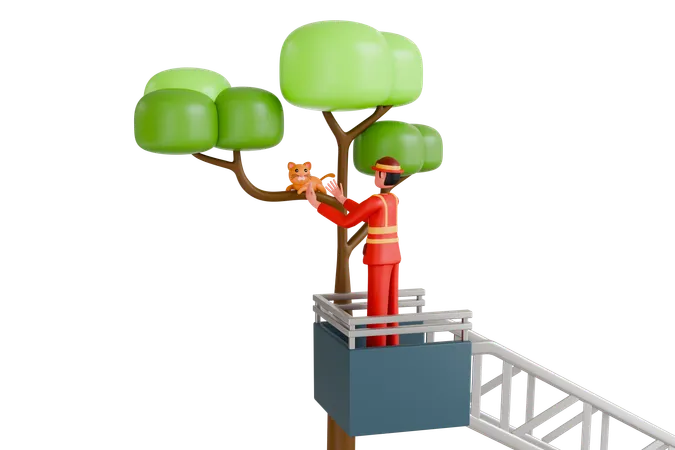 Pompier sauvant un chat coincé dans un arbre  3D Illustration