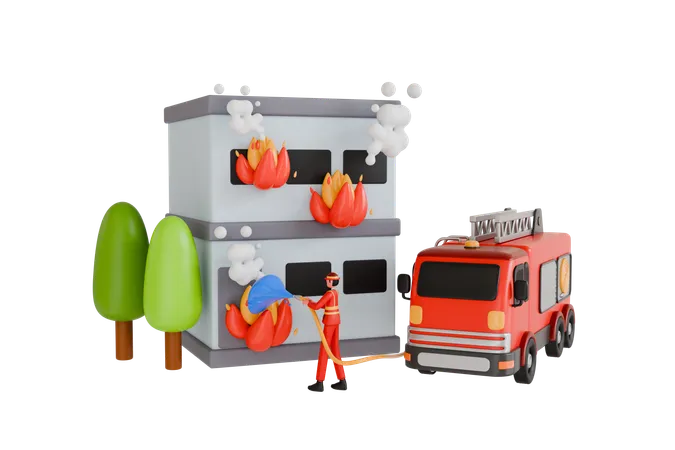 Les pompiers éteignent l'incendie d'une maison  3D Illustration