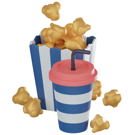 Striped Popcorn Box And A Soft Drink Perfect For Capturing The Essence Of Cinematic Enjoyment And Leisure 3 D Render Illustration 3D Icon