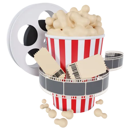 Popcorn Bucket And Film Strip 3D Illustration