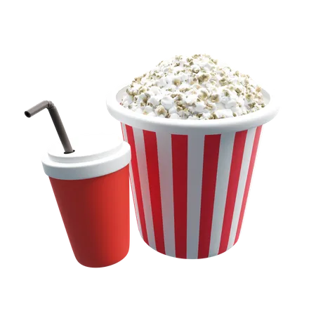 Filmkonzept 3 D Darstellung Eines Eimers Popcorn Mit Erfrischungsgetrank 3D Illustration