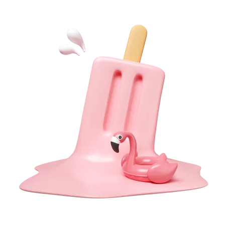 3 D Popsicle Melt With Pink Flamingo Float For Summer Vacation And Holidays Concept Icon Isolated On White Background 3 D Rendering Illustration Clipping Path 3D Icon