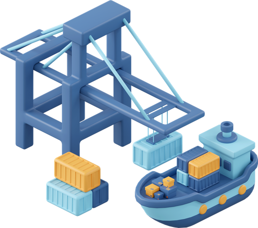 Port With Cargo Ship  3D Icon