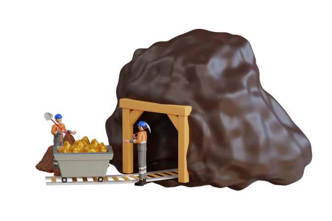 Portão de entrada da mina de ouro com carrinho de mina carregado de ouro  3D Illustration