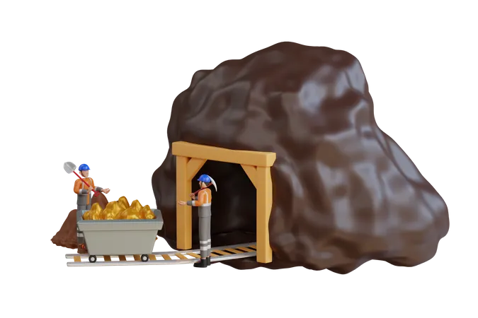 Portão de entrada da mina de ouro com carrinho de mina carregado de ouro  3D Illustration