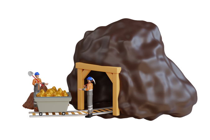 Portão de entrada da mina de ouro com carrinho de mina carregado de ouro  3D Icon