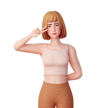 Portrait of a Young lady Making a Peach Hand Pose Near Eye  3D Illustration