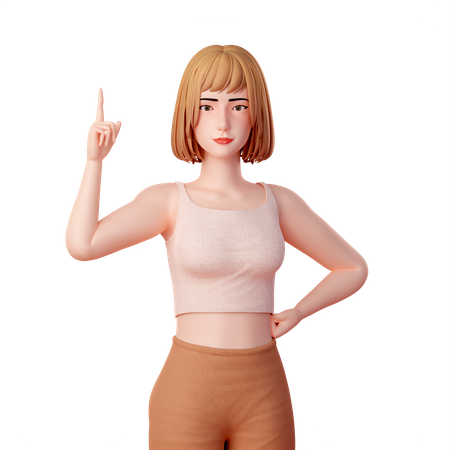 Portrait of  Young Girl Pointing Up with Right Hand  3D Illustration