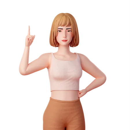 Portrait of  Young Girl Pointing Up with Right Hand  3D Illustration