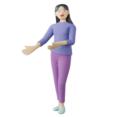 Mujer casual dando la bienvenida a pose  3D Illustration
